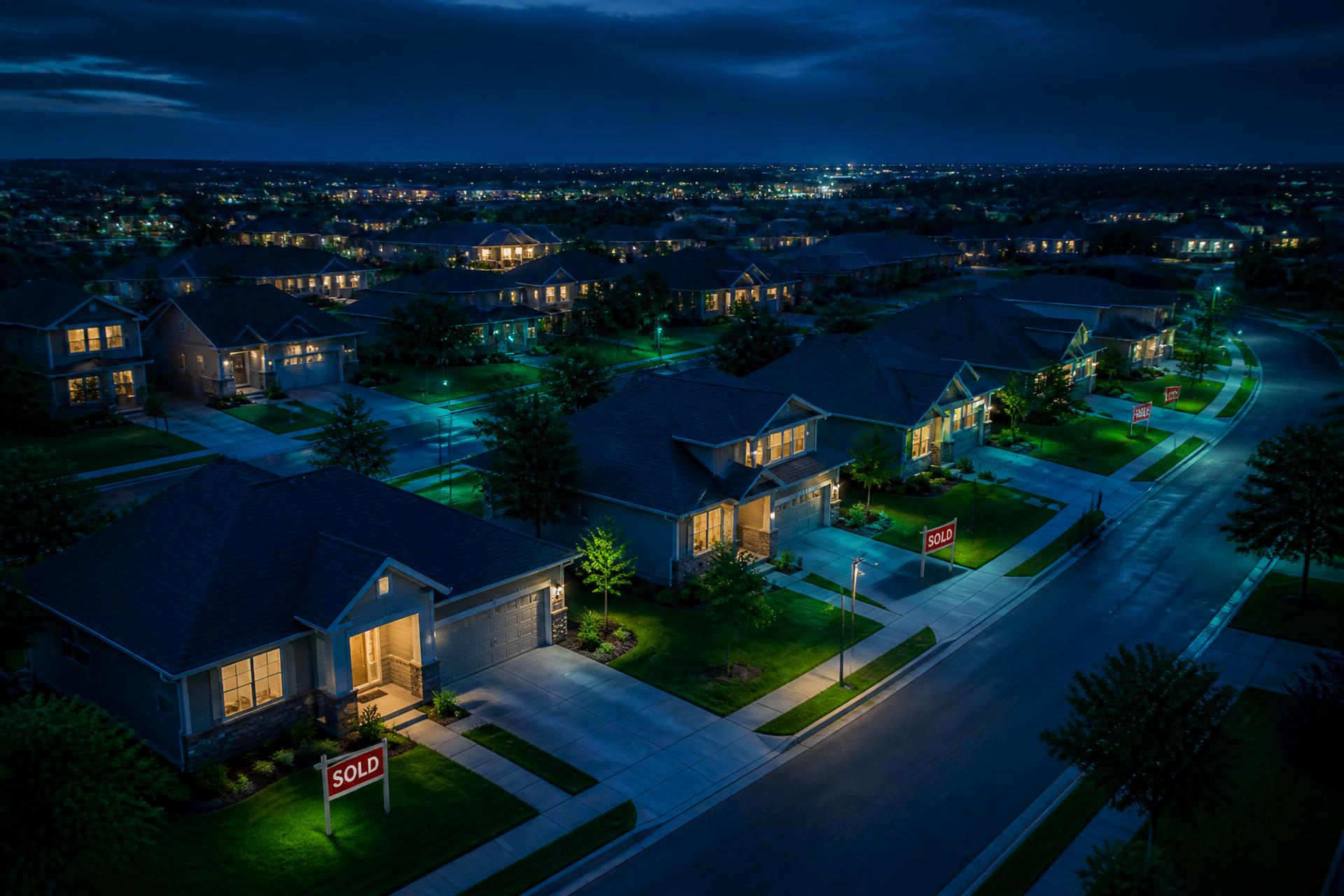 Aerial view of a neighborhood at night with neon light trails